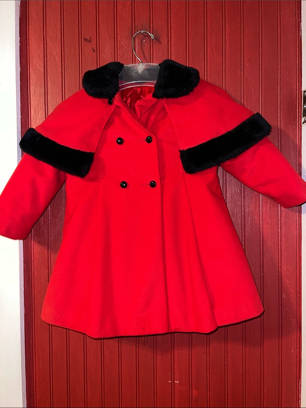 Vintage Classic Red Double-Breasted Kids' Pea Coat with Black Faux Fur Trim